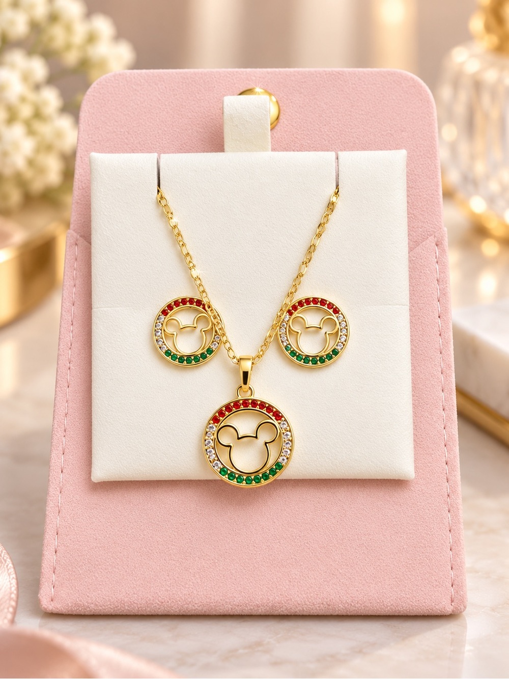 14KGold platedMickey Mouse Red & Green Crystal Pendant Necklace and Earring Set